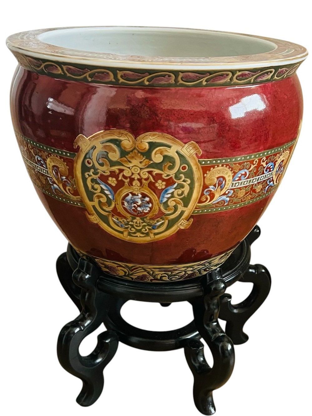 Vintage Oriental Accent Large Ceramic Asian Fish Planter Bowl Pot with Stand